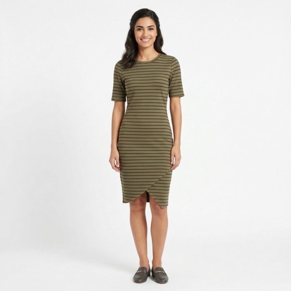 IRIS Women Olive Green Black Striped Sheath Dress XL Short Sleeve Tulip Hem